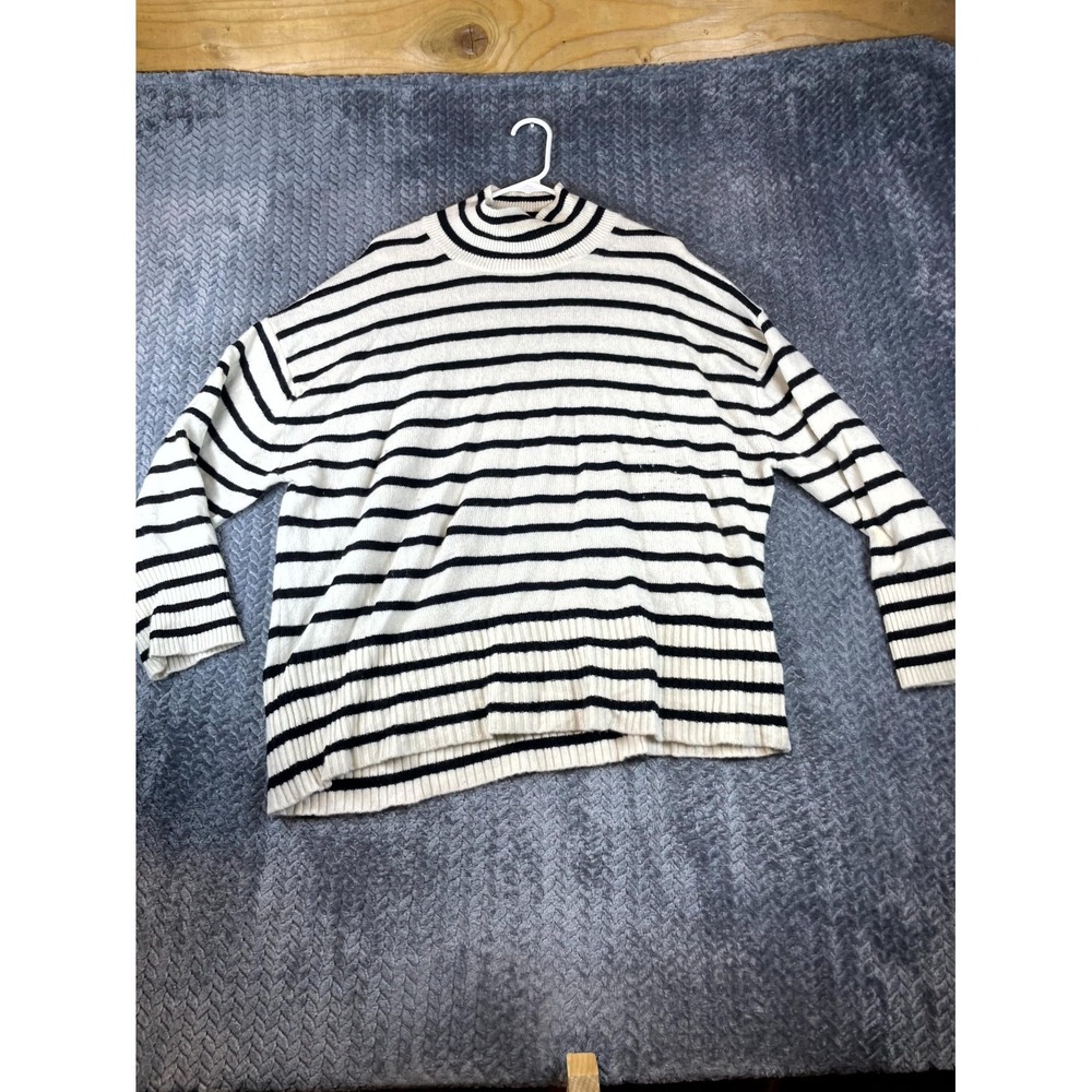 Everlane Cashmere Boxy Mockneck Sweater 2XL White Black Striped Oversized 7630